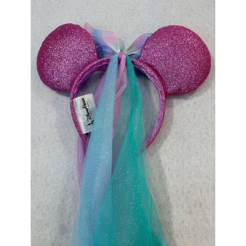 Disney Parks Minnie Mouse Pink Glitter Butterfly Fairy Ear Headband with Veil